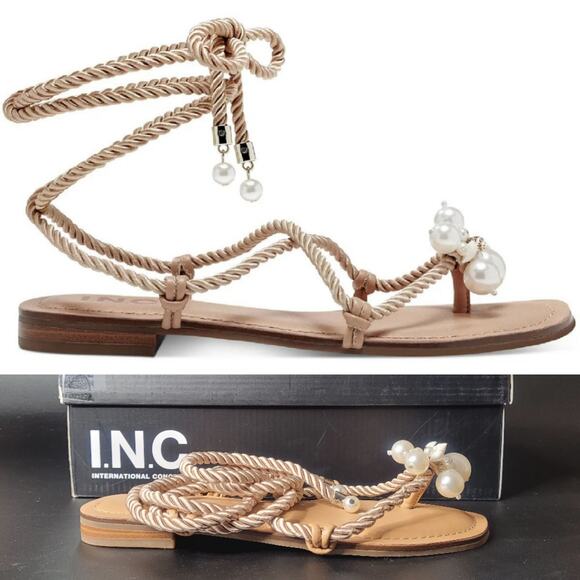 INC Jerzi Rope Embellished Flat Sandals Sz 5.5 Pearls Seashells Beachy Nautical - Picture 1 of 10